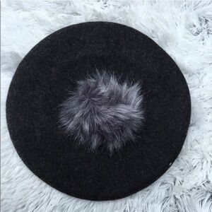 Women's Charcoal Beret Hat with Gray Faux Fur Pom Pom One Size